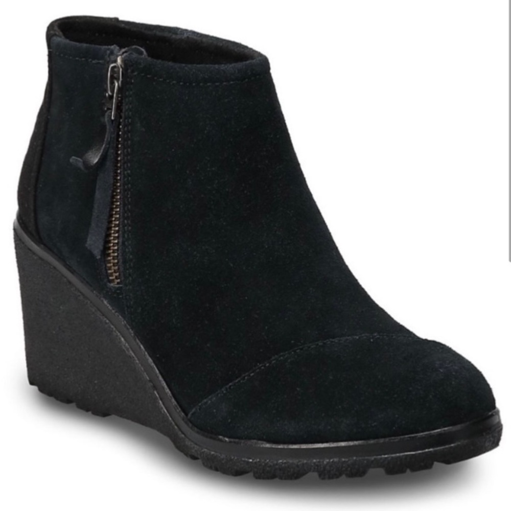 Toms Avery Black Suede Zip Wedge Booties Ankle Boots